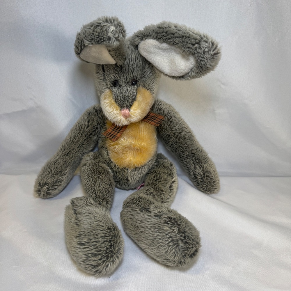 Russ Berrie Hamilton Bunny Rabbit Plush Grey‎ Yellow Plaid Bow Vintage 22 inch